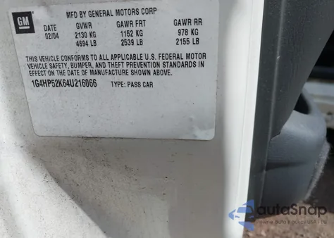 2004 Buick Lesabre Custom z USA, uszkodzony, nr VIN 1G4HP52K64U216066